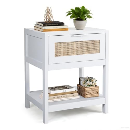 Modern Rattan Bedside Table: White Nightstand with Drawers, Metal Handle | Bedroom & Living Room Furniture, 19.7x15.7x23.6 inch