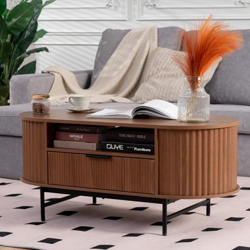 Walnut Oval Coffee Table with Drawer and Black Metal Legs