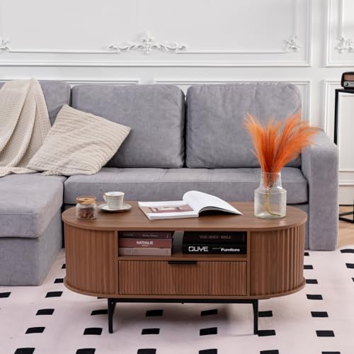 Walnut Oval Coffee Table with Drawer and Black Metal Legs