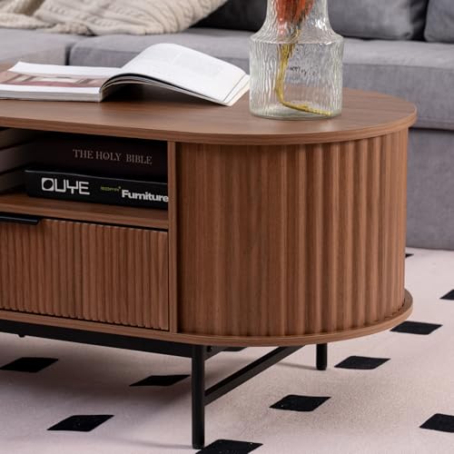 Walnut Oval Coffee Table with Drawer and Black Metal Legs