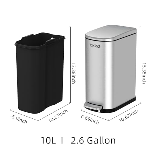 Slim 10L Stainless Steel Trash Can with Soft Close Lid for Narrow Spaces - Bathroom, Bedroom