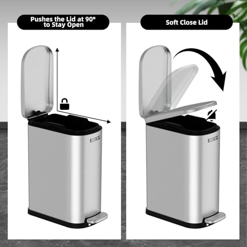 Slim 10L Stainless Steel Trash Can with Soft Close Lid for Narrow Spaces - Bathroom, Bedroom