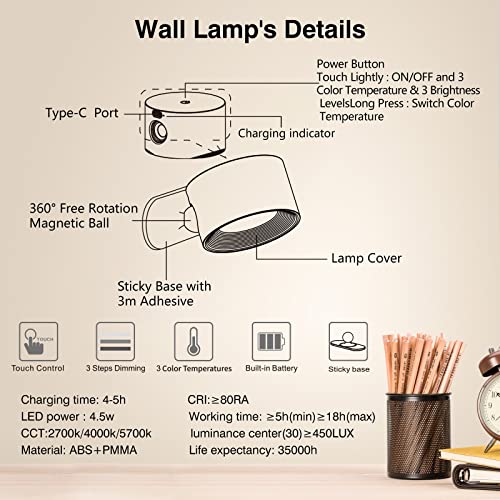 Koopala LED Sconces, Wall Lamps, USB Rechargeable, 3 Color Temps