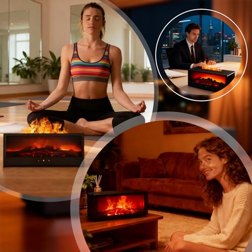 Ultrasonic Cool Mist Humidifier 150ml - Flame Effect, 7 Colors, Aromatherapy Night Light, Auto Shut Off Timer - Fireplace Diffuser