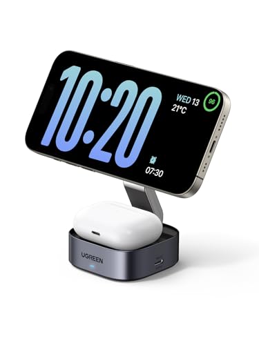 UGREEN MagFlow Wireless Charger Stand for iPhone & AirPods - Qi Certified, Magnetic Charging Station - Compatible with iPhone & AirPods