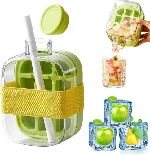 Ice Cube Bottle 2-in-1 Touch-Free Tray Water Bottle with Lid, Push-Type Ice Making, Ice Mold for Coffee Juice (Green 500ML)
