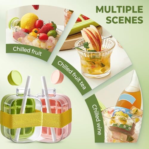 Ice Cube Bottle 2-in-1 Touch-Free Tray Water Bottle with Lid, Push-Type Ice Making, Ice Mold for Coffee Juice (Green 500ML)