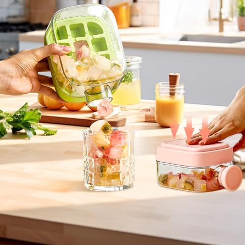 Ice Cube Bottle 2-in-1 Touch-Free Tray Water Bottle with Lid, Push-Type Ice Making, Ice Mold for Coffee Juice (Green 500ML)