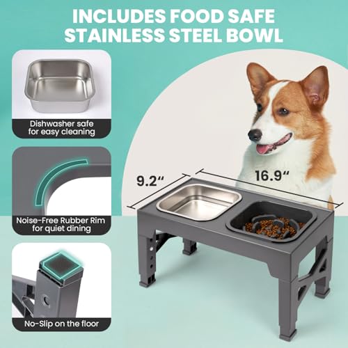 Niubya Raised Dog Bowls with Slow Feeder, Adjustable Heights for Small, Medium, and Large Dogs