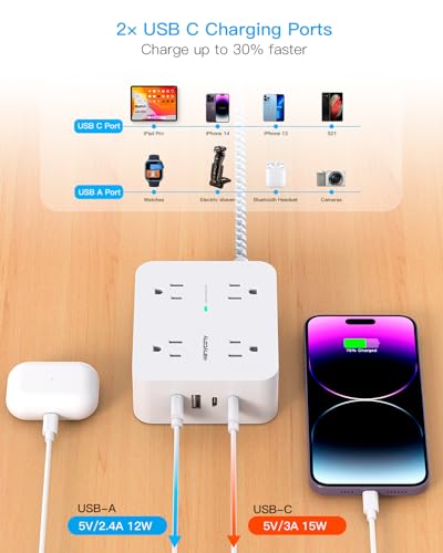 HANYCONY Surge Protector Power Strip with 8 Outlets and 4 USB Ports - Multi Plug Outlet Extender, 5Ft Braided Cord - Home Office Charging Station