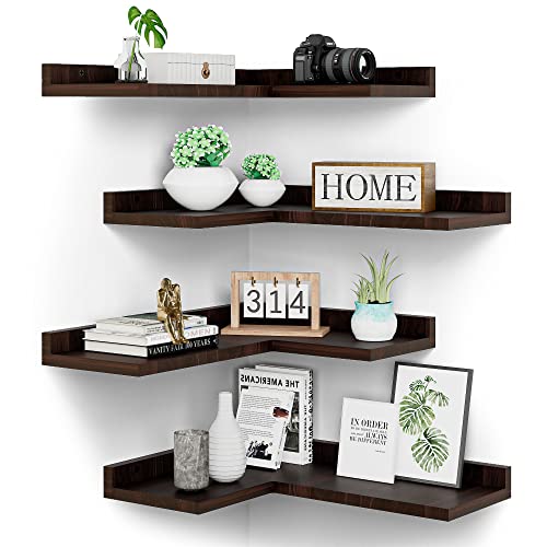 Rustic Pine Wooden 4 Tier Floating Corner Shelves Set - Wall Decor Storage Shelf for Bedroom, Living Room, Bathroom - L Shaped Wall Mount Shelf