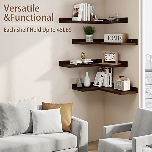 Rustic Pine Wooden 4 Tier Floating Corner Shelves Set - Wall Decor Storage Shelf for Bedroom, Living Room, Bathroom - L Shaped Wall Mount Shelf