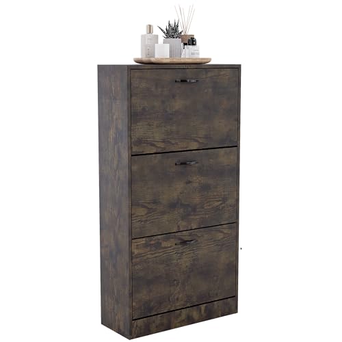 Vida Designs Shoe Cabinet: 3-Drawer Shoe Storage Organizer, Dark Wood