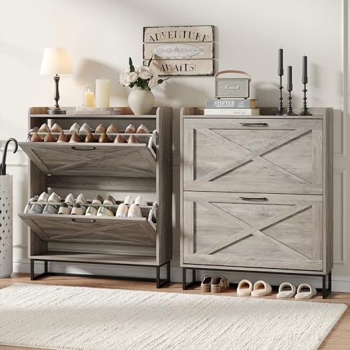 Maupvit Shoe Cabinet: Freestanding Organizer with Metal Legs, Entryway Storage, Narrow Rack, Washed Gray