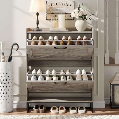 Maupvit Shoe Cabinet: Freestanding Organizer with Metal Legs, Entryway Storage, Narrow Rack, Washed Gray