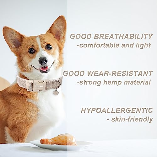 DOGWONG Heavy-Duty Khaki Dog Collar, Adjustable Cotton Hemp, Soft Natural Fabric, Cute Wedding Puppy Necklace for Small Dogs