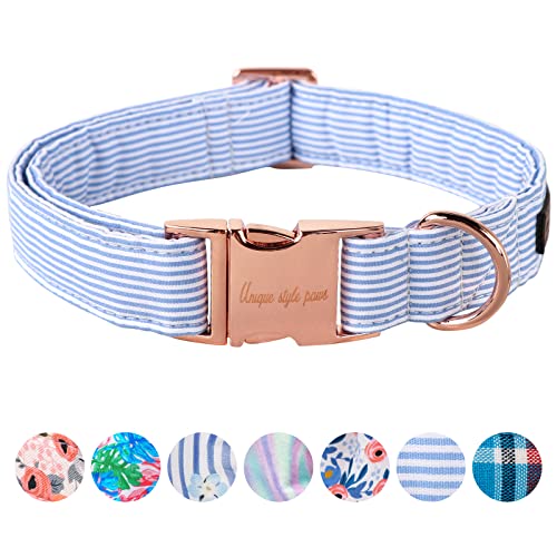 Paws Dog Collar Metal Buckle Blue Stripe Gift for Cute Dogs