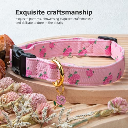 Handmade Cotton Dog Collar: Cute Pink Rose Pattern with Pendant