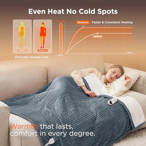 Bedsure Heated Blanket Throw - Soft Ribbed Flannel, 4 Time Settings
