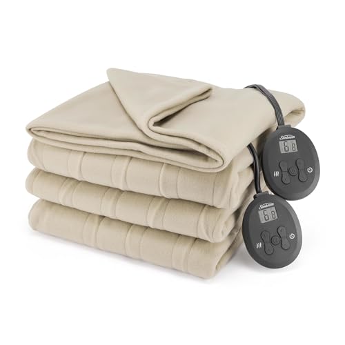 Sunbeam Electric Heated Blanket King Size, 90x100 inch, 12 Heat Settings, Auto Shut-Off, Machine Washable - Pebble Beige