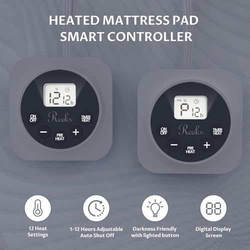 Heated Queen Size Mattress Pad - Memory & Preheat Functions, 12 Heat Settings, Dual Control, Auto Off, Lighted Button