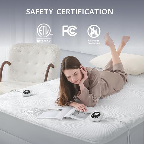 Heated Queen Size Mattress Pad - Memory & Preheat Functions, 12 Heat Settings, Dual Control, Auto Off, Lighted Button