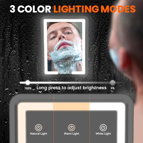 Shave Smarter with Fogless Shower Mirror - Heated, Dimmable Lights, 360° Adjustable - Rechargeable, Storage Tray - Men's Grooming