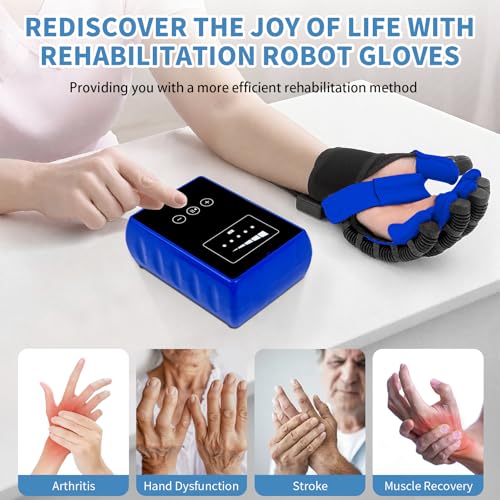 Rehab Robot Gloves: Finger Exerciser for Stroke Recovery, Adjustable Strength, USB Charging - Blue, Left Hand