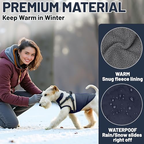 CozyPaws Waterproof Dog Winter Coat with Harness for Small to Medium Dogs, Windproof Puffer Jacket for Puppies - Ideal for Dachshund, Frenchie, Corgi - Classic Blue
