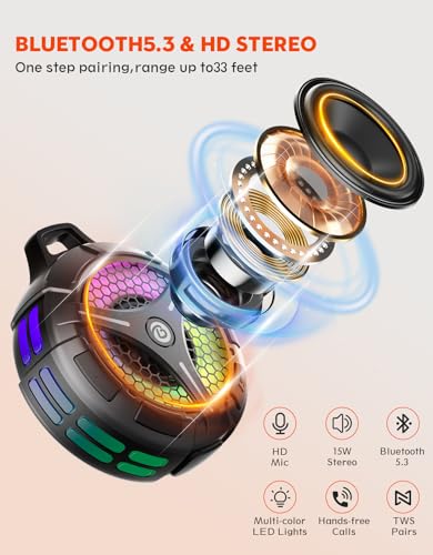 Portable Waterproof Bluetooth Shower Speaker, Strong Suction Cup, Wireless IPX7, Stereo Sound, Deep Bass, TWS Pairs, RGB Lights