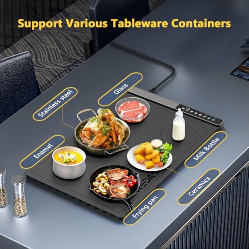 Redagod Electric Warming Tray: 3-Zone Heat, 9 Temp Settings, Timer - Portable Food Heating Mat for Home - Gray