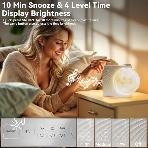Sunrise Alarm Clock Moon Lamp, 2 Alarms, Wake-Up Light, 8 Colors, Natural Sound, Brightness Levels, Night Light - Gifts for All