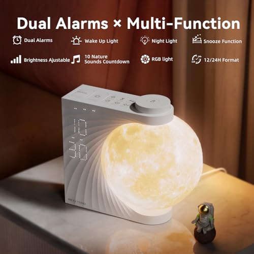 Sunrise Alarm Clock Moon Lamp, 2 Alarms, Wake-Up Light, 8 Colors, Natural Sound, Brightness Levels, Night Light - Gifts for All