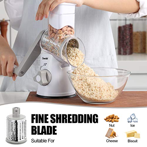 Geedel Rotary Cheese Grater & Mandoline Slicer - Interchangeable Blades - Easy to Clean - Ideal for Fruit, Vegetables, Nuts