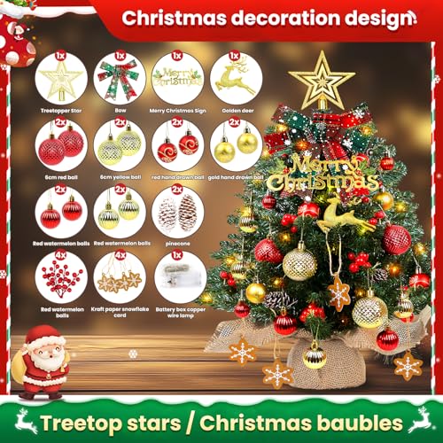 Mini Christmas Tree 24 inch LED Lights Battery Operated Xmas Table Decoration Pine Cones&Bows