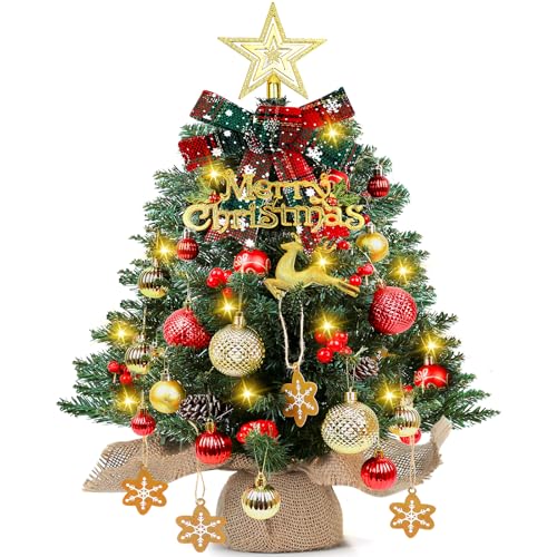 Mini Christmas Tree 24 inch LED Lights Battery Operated Xmas Table Decoration Pine Cones&Bows