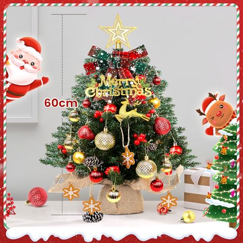 Mini Christmas Tree 24 inch LED Lights Battery Operated Xmas Table Decoration Pine Cones&Bows