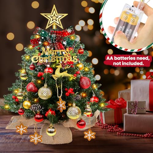 Mini Christmas Tree 24 inch LED Lights Battery Operated Xmas Table Decoration Pine Cones&Bows