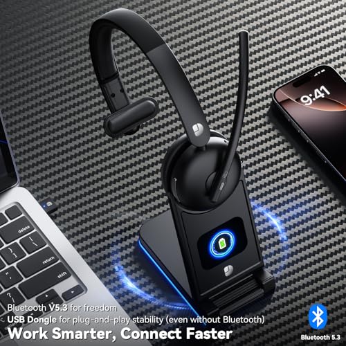 Brand Wireless Headset: Noise Cancelling Mic, 65H Worktime, Fast Charge Bluetooth for Work/PC/Call Center