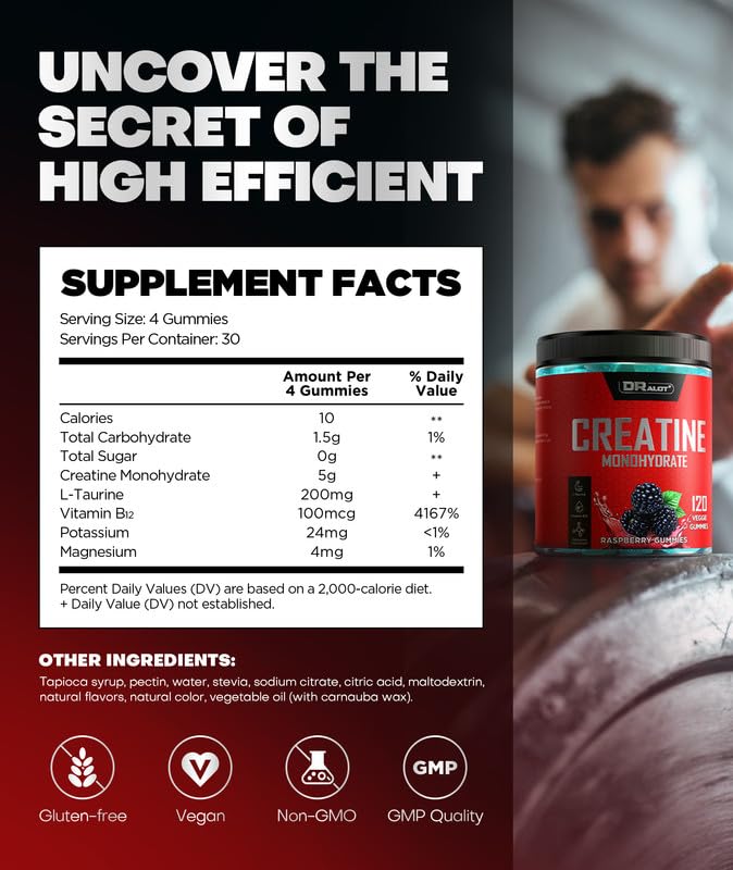 Creatine Gummies for 15% More Strength & Energy, Pre-Workout Complex for Women & Men with 5000mg Creatine - Vegan