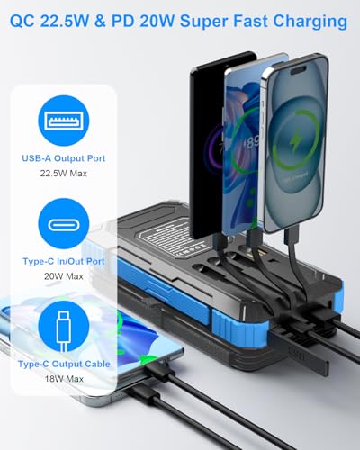 Solar Charger Power Bank 49800mAh with Built-in Cables & Panels, Fast Portable Phone Charger, USB-C & Flashlight for Outdoor Camping