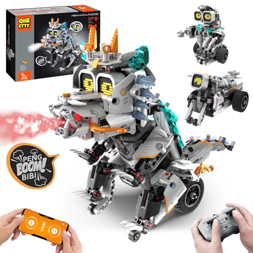 STEM Dino Motorcycle Robot Building Kit for Kids 6-14 - Remote & APP Controlled, Music Spray - 646 Pcs Blocks Set for Boys Girls
