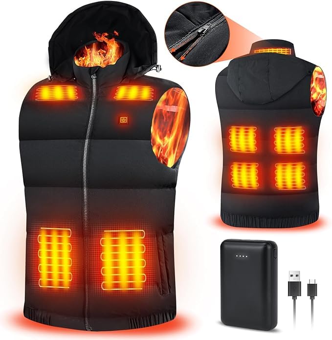 Rrtizan Heated Vest for Men, Power Bank, 3 Temp Levels, 15 Heat Sheets, Electric Sleeveless Jacket, Washable Body Warmer