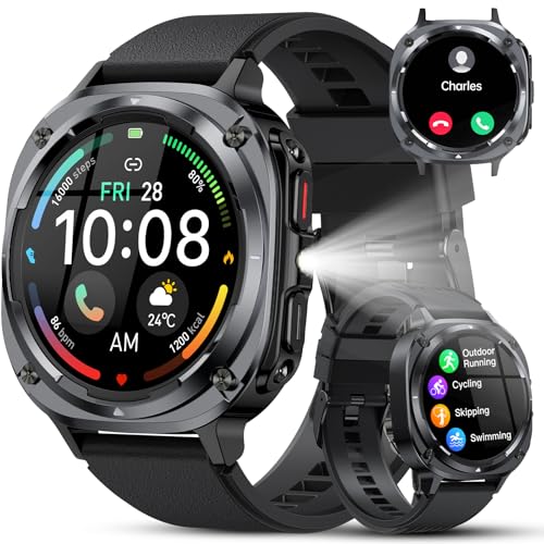 Outdoor Military Smart Watch for Men: Answer Calls, 1.39-inch HD Fitness Tracker with Heart Rate Monitor, Sleep Tracker, Pedometer - 114+ Sports Modes, IP68 Waterproof - iOS Android
