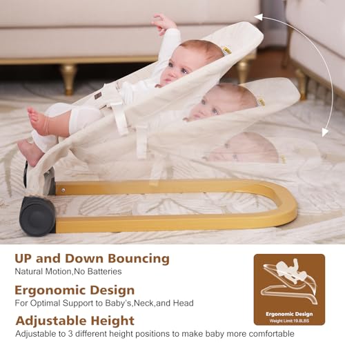 Portable Baby Bouncer Seat: 3 Heights, Ergonomic Design, Wood Grain Style, Natural Vibrations, Storage Bag - Ideal for 0-6 Months
