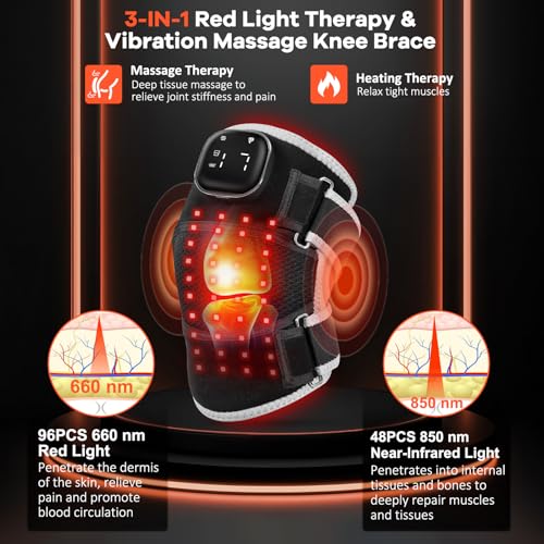 AFFLAT Red Light Therapy & Vibration Massage Knee Brace - Pain Relief, Near Infrared Light, Wireless Controller - Knee/Shoulder/Joint/Elbow
