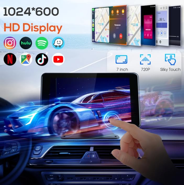 Portable Car Stereo: 7" HD Touch Screen, Wireless Carplay & Android Auto, 1080P Backup Cam, Bluetooth - Voice Control