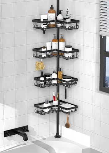 KEGII Corner Shower Caddy Tension Pole - Organizer for Floor to Ceiling, Towel Rack, Waterproof - Black, 25-114.2 inch