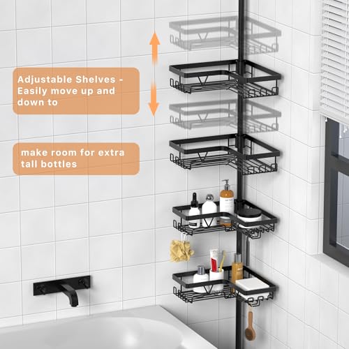 KEGII Corner Shower Caddy Tension Pole - Organizer for Floor to Ceiling, Towel Rack, Waterproof - Black, 25-114.2 inch