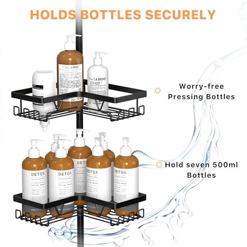 KEGII Corner Shower Caddy Tension Pole - Organizer for Floor to Ceiling, Towel Rack, Waterproof - Black, 25-114.2 inch